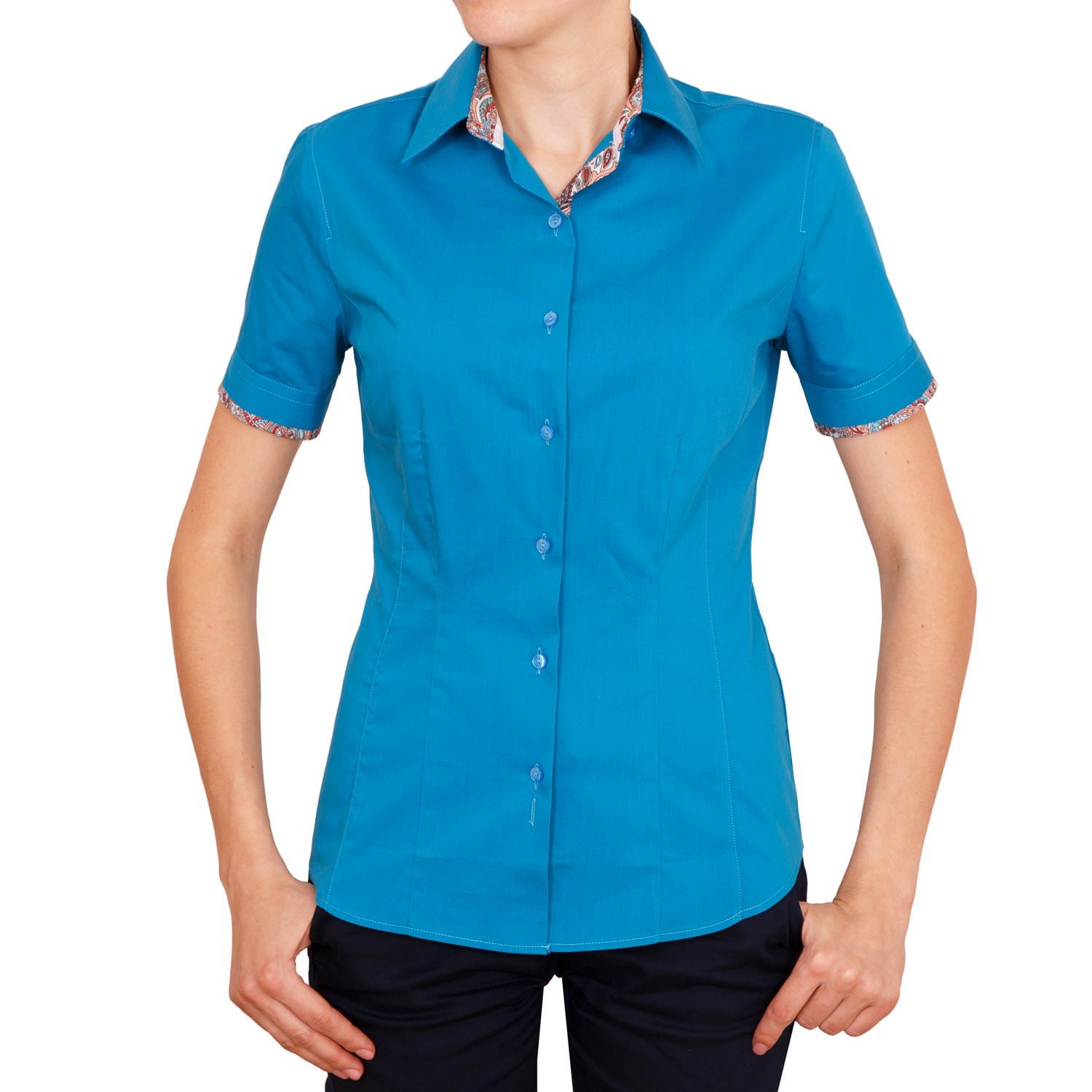 Приталенная женская рубашка с коротким рукавом голубая со вставками - 5047 от DoubleCuff 