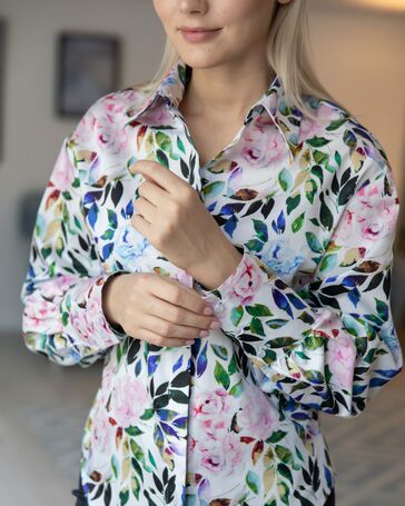 Женская рубашка с пышным рукавом узор цветы - 8229 от ByME 