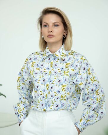 Женская рубашка под пуговицу принт голубые цветы - 8271 (40) от ByME 