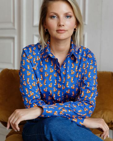 Женская рубашка под пуговицы принт лисы на синем фоне - 7748 от Double Cuff 