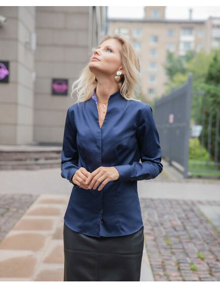 Женская рубашка под пуговицы темно-синяя воротник стойка - 8046 от ByME 
