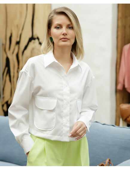 Женская рубашка укороченная с карманами белая - 8502 от byME 